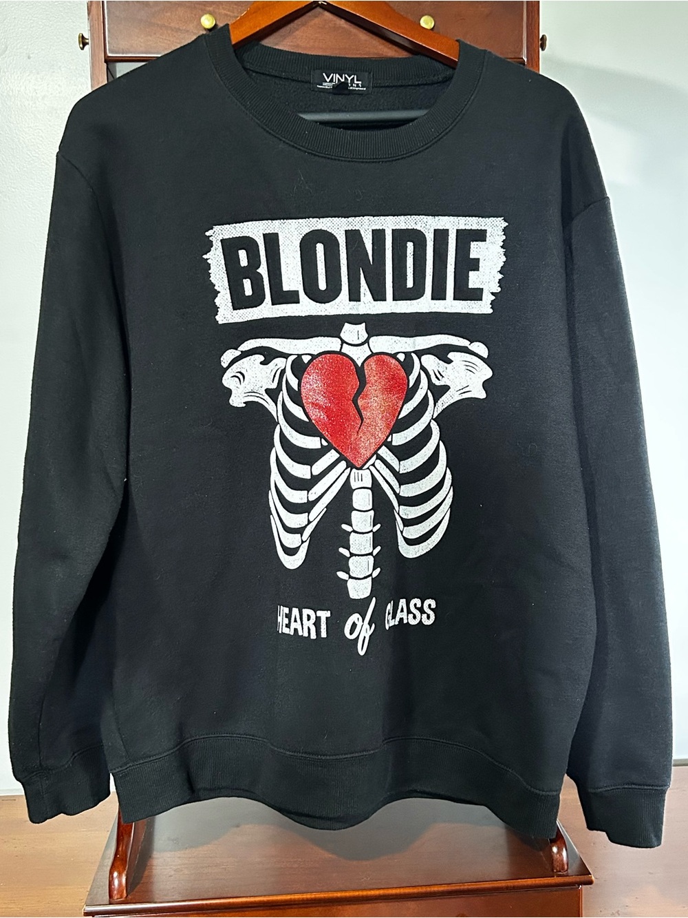 'Blondie Heart of Glass' Womens Large Black Graphic Crewneck Sweatshirt Skeleton
